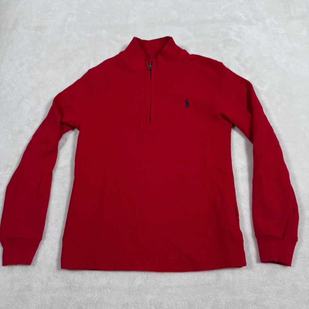 Polo Ralph Lauren Boys Red Waffle Knit Quarter Zip Pullover Sweater Size 7 - Picture 2 of 5